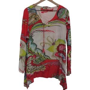 Desigual Womens Sz M Red Cream Floral Shark Bite Tunic Top Beaded Long Sleeve